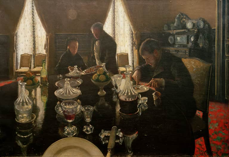 Dunkler Tisch mit Gläsern und Karaffen, Mann isst, Frau dahinter – Gustave Caillebotte Le déjeuner Kunstkopie