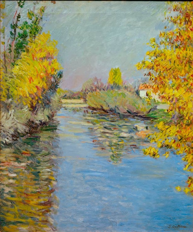 Stiller Seitenarm mit gelbem Herbstlaub und Spiegelungen – Gustave Caillebotte Le petit bras de la Seine Kunstkopie