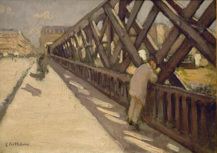 Eisenträger der Brücke, Mann am Geländer, Pariser Häuser – Gustave Caillebotte Le Pont de l'Europe, esquisse Kunstkopie