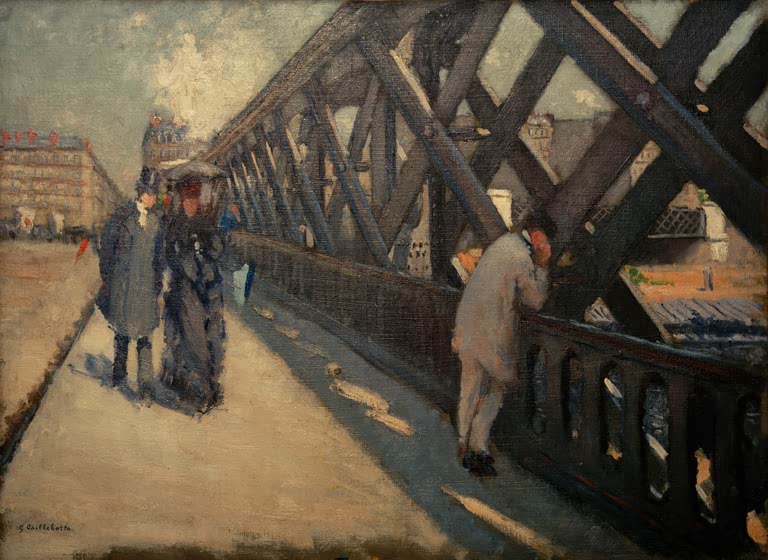 Spaziergänger auf der Eisenbrücke, Mann am Geländer – Gustave Caillebotte Le pont de l'Europe, esquisse Kunstkopie
