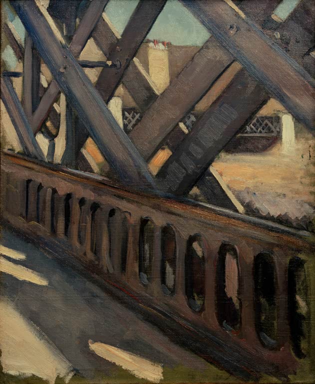 Stahlträger und Brüstung einer Brücke, Dächer dahinter – Gustave Caillebotte Le pont de l'Europe, étude partielle Kunstkopie