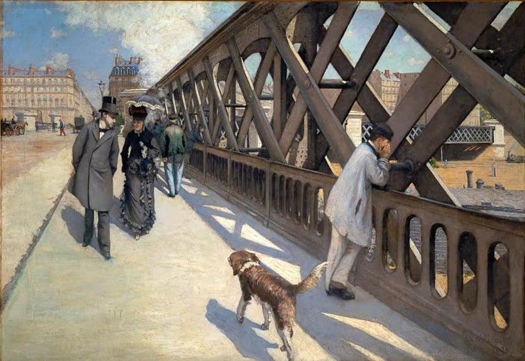 Eiserne Brücke mit Passanten, Hund und Mann am Geländer – Gustave Caillebotte Le Pont de l'Europe Kunstkopie