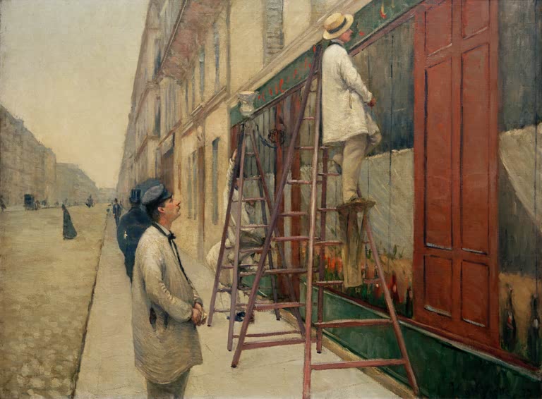Fassadenmaler auf Leitern, Passant auf Pariser Straße – Gustave Caillebotte Les peintres en bâtiment Kunstkopie