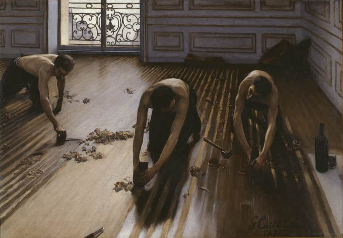 Drei Parkettschleifer bei der Arbeit im hellen Zimmer – Gustave Caillebotte Les Raboteurs de Parquet Kunstkopie