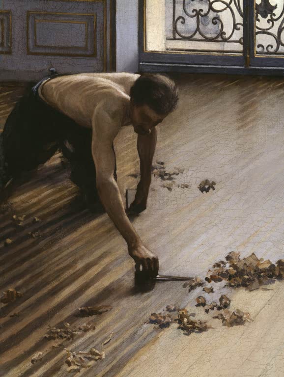 Gebückter Arbeiter schabt Parkett vor der Balkontür – Gustave Caillebotte Les Raboteurs de Parquet Kunstkopie