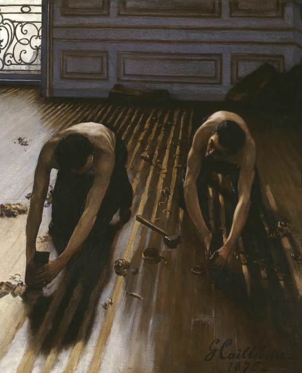 Zwei Parkettschleifer auf glänzendem Boden mit Hammer – Gustave Caillebotte Les Raboteurs de Parquet Kunstkopie