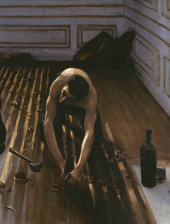 Parkettschleifer beugt sich über Holzboden, Flasche rechts – Gustave Caillebotte Les Raboteurs de Parquet Kunstkopie