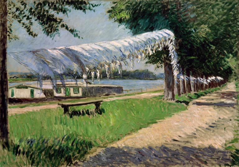 Weiße Wäsche an langer Leine am Seineufer, davor Bank – Gustave Caillebotte Linge séchant au bord de la Seine Kunstkopie