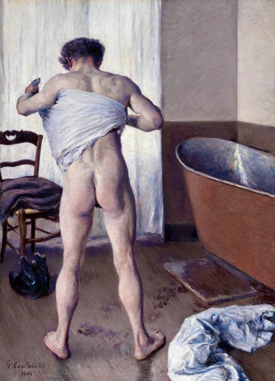 Nackter Mann von hinten trocknet sich neben einer Badewanne ab – Gustave Caillebotte Mann beim Baden Kunstkopie