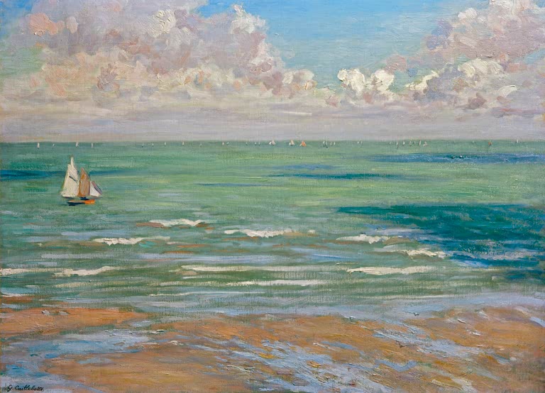 Türkisfarbenes Meer mit weißen Wellen und einem Segelboot – Gustave Caillebotte Marine, régates à Villers Kunstkopie
