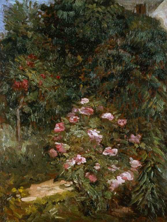 Rosa Blüten im dunklen Gartenbusch, sonniger Pfad – Gustave Caillebotte Massif de fleurs Kunstkopie