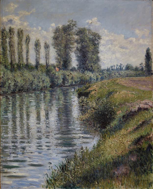 Ruhiger Seitenarm mit Pappeln und Spiegelungen im Wasser – Gustave Caillebotte Nebenarm der Seine bei Argenteuil Kunstkopie