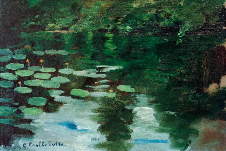 Grüne Seerosenblätter auf dunklem Teich mit spiegelndem Himmel – Gustave Caillebotte Nymphéas sur l'étang Kunstkopie