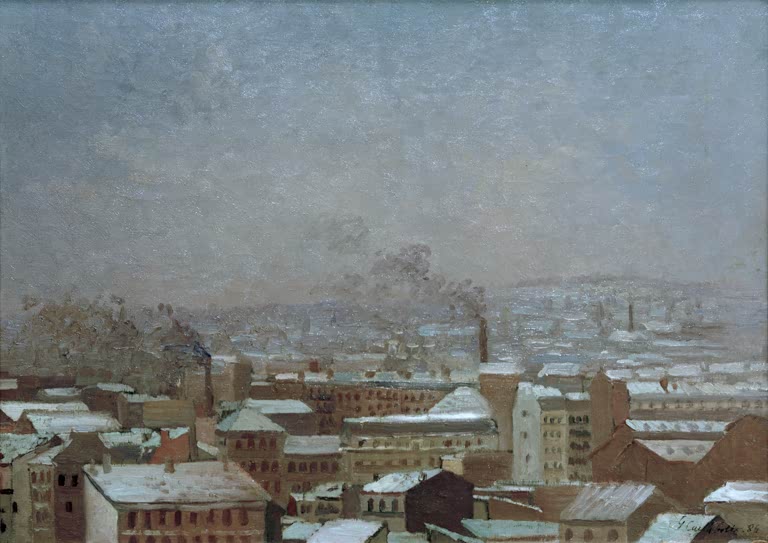 Verschneite Dächer von Paris unter grauem, dunstigem Himmel – Gustave Caillebotte Paris sous la neige Kunstkopie