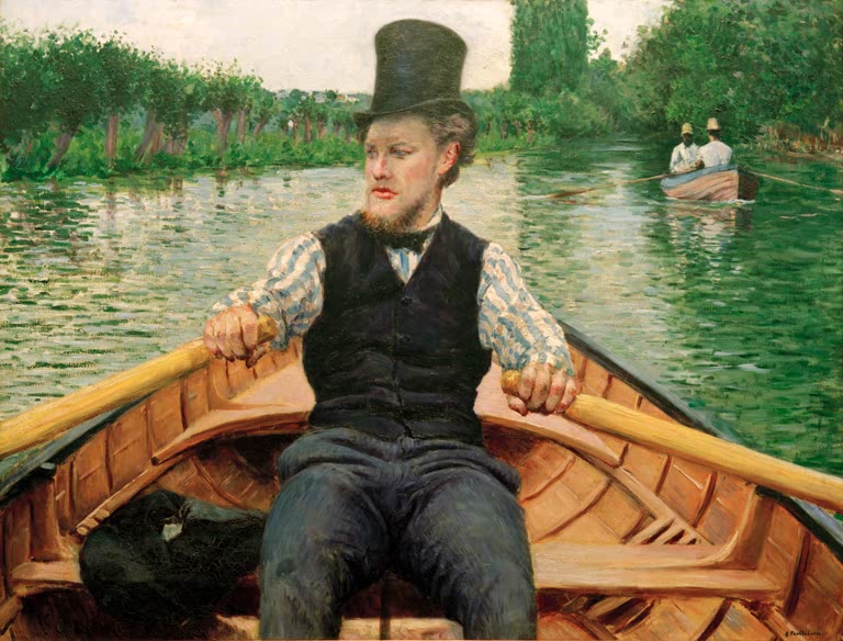 Ruderer mit Zylinder im Boot auf grünem Fluss – Gustave Caillebotte Partie de bateau Kunstkopie