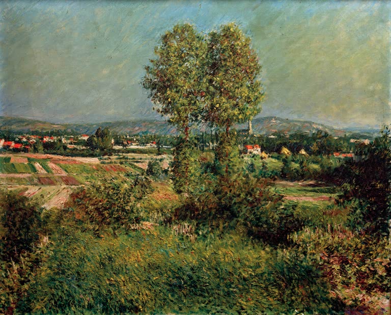 Landschaft mit hohen Bäumen, Feldern und roten Dächern – Gustave Caillebotte Paysage à Argenteuil Kunstkopie
