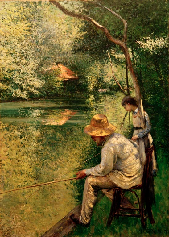 Angler mit Strohhut und Mädchen am sonnigen Teich – Gustave Caillebotte Pêche à la ligne Kunstkopie