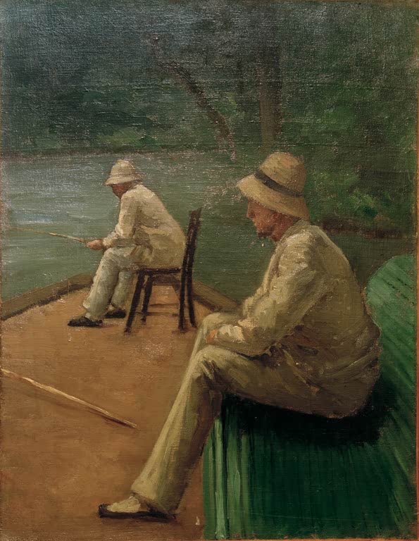 Zwei Angler in hellen Anzügen und Strohhüten am Wasser – Gustave Caillebotte Pêcheurs au bord de l'Yerres Kunstkopie