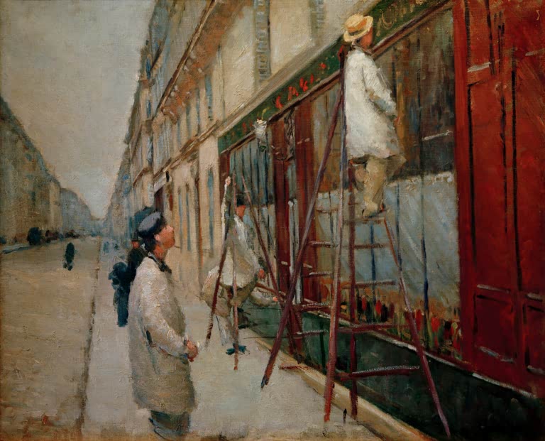 Anstreicher auf Leiter an roter Ladenfront, Passanten am Rand – Gustave Caillebotte Peintres en bâtiments Kunstkopie