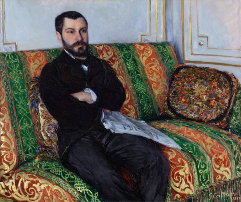 Bärtiger Mann mit verschränkten Armen auf grün-orangem Sofa – Gustave Caillebotte Porträt von Richard Gallo Kunstkopie