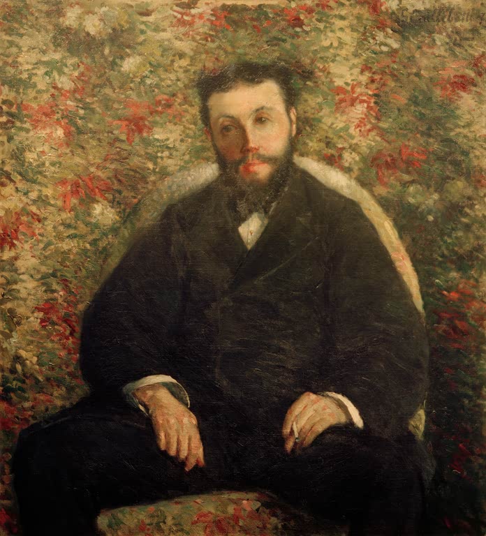Bärtiger Mann in dunkler Kleidung im Sessel vor Blumentapete – Gustave Caillebotte Portrait d'A. Cassabois Kunstkopie
