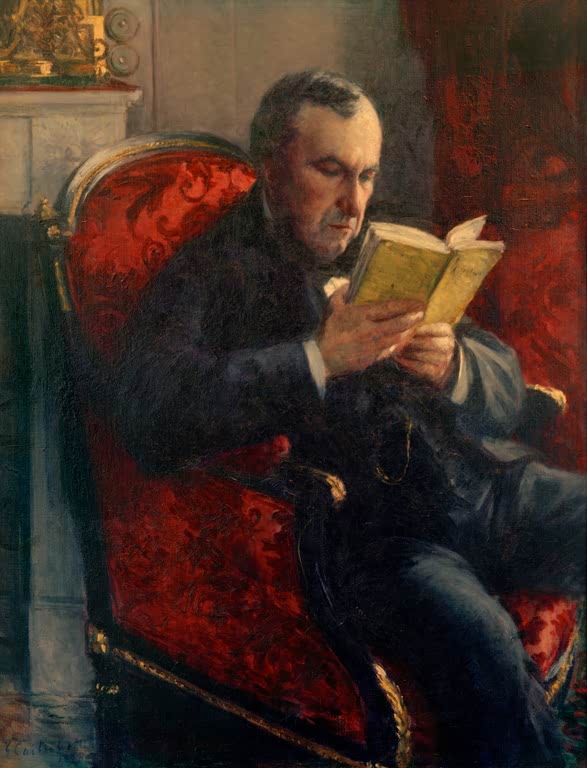 Älterer Mann liest in einem gelben Buch, sitzend im roten Sessel – Gustave Caillebotte Portrait d'Eugène Daufresne Kunstkopie