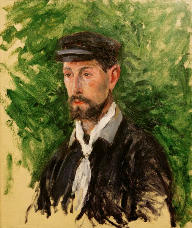 Mann mit Schirmmütze und weißem Halstuch vor Grün – Gustave Caillebotte Portrait d'Eugène Lamy, en buste Kunstkopie
