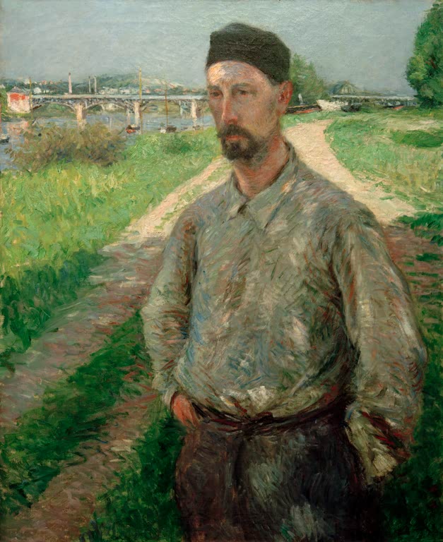 Mann mit dunkler Kappe steht auf Uferweg vor einer Brücke – Gustave Caillebotte Portrait d'Eugène Lamy Kunstkopie