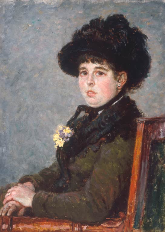 Frau mit Federhut und Veilchenstrauß im Lehnstuhl – Gustave Caillebotte Portrait de femme au chapeau à plumes Kunstkopie