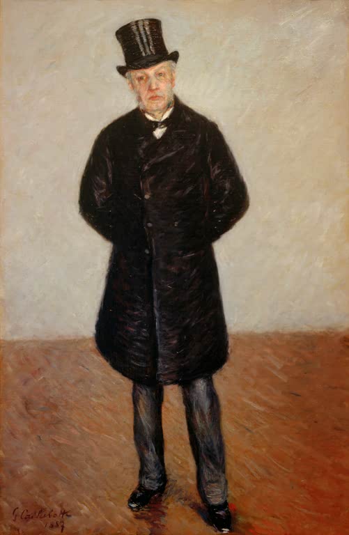 Älterer Herr mit Zylinder und dunklem Mantel steht aufrecht – Gustave Caillebotte Portrait de Jean Daurelle Kunstkopie