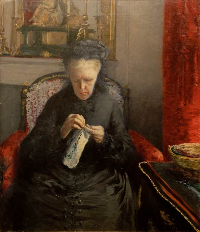 Ältere Frau in Schwarz näht im roten Sessel – Gustave Caillebotte Portrait de Madame Martial Caillebotte Kunstkopie