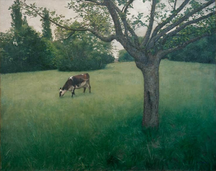 Kuh grast auf grüner Wiese unter einem knorrigen Baum – Gustave Caillebotte Prairie à Yerres Kunstkopie