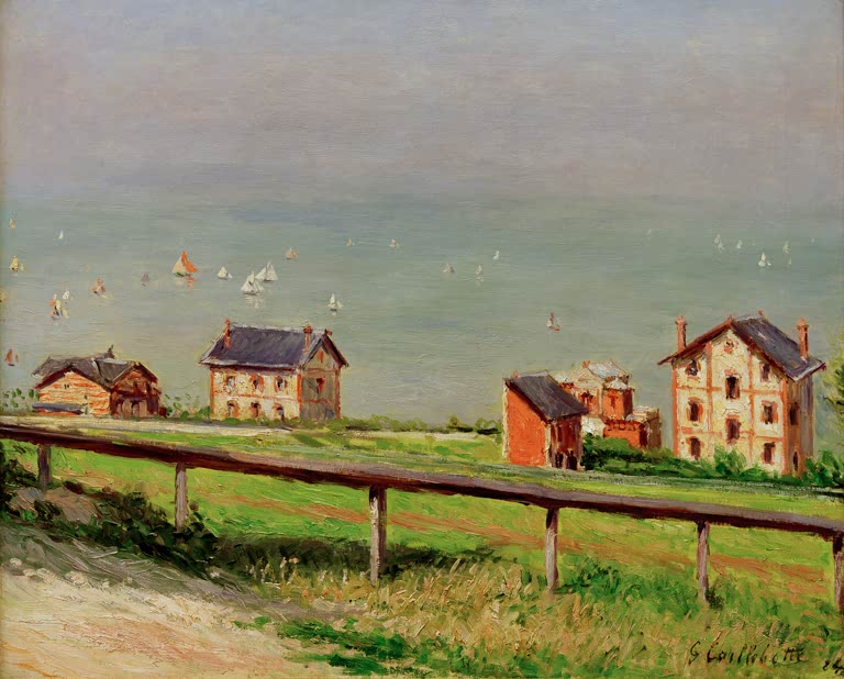 Küstenwiese mit Zaun, Villen und Segelbooten auf dem Meer – Gustave Caillebotte Régates en mer, à Trouville Kunstkopie