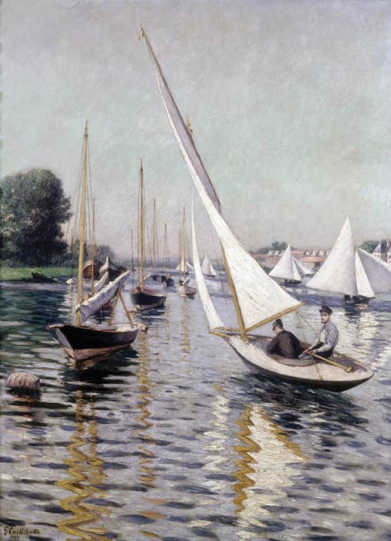 Gustave Caillebotte Regatta in Argenteuil Kunstkopie, Segelboote mit zwei Männern auf spiegelnder Seine bei Argenteuil