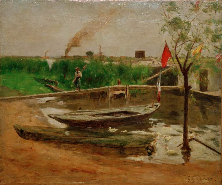 Ruderboote im Hafenbecken, Mann am Ufer, Rauch im Hintergrund – Gustave Caillebotte Remise de barques Kunstkopie