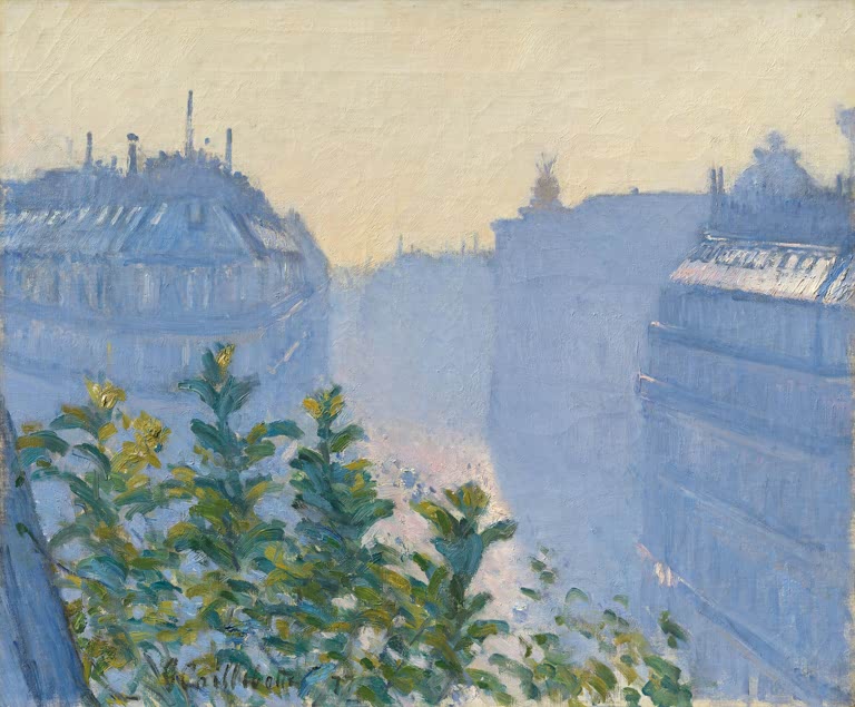 Dunstige Pariser Straße von oben, Laub im Vordergrund – Gustave Caillebotte Rue Halévy, Blick von einem Balkon Kunstkopie