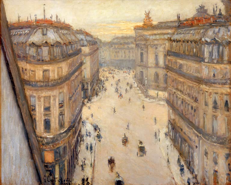 Blick aus hoher Etage auf belebte Pariser Straße – Gustave Caillebotte Rue Halévy, vue d'un sixième étage Kunstkopie