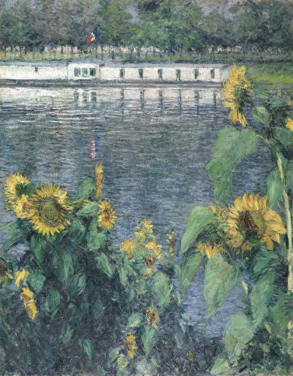 Sonnenblumen vor der Seine mit Hausboot am Ufer – Gustave Caillebotte Sonnenblumen am Ufer der Seine Kunstkopie