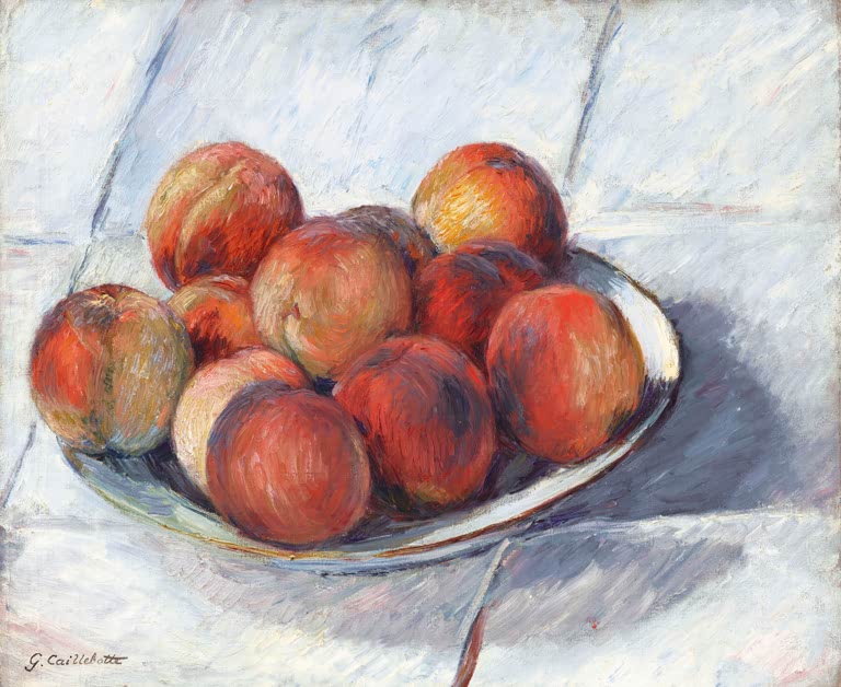 Gustave Caillebotte Teller mit Pfirsichen Kunstkopie, gehäufte Pfirsiche in Orange und Rot auf weißem Teller