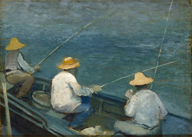 Drei Angler mit Strohhüten im Boot auf blauem Wasser – Gustave Caillebotte Trois pêcheurs en barque Kunstkopie