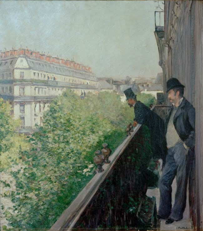 Zwei Herren mit Hut auf einem Balkon über grünen Bäumen – Gustave Caillebotte Un balcon, Boulevard Haussmann Kunstkopie