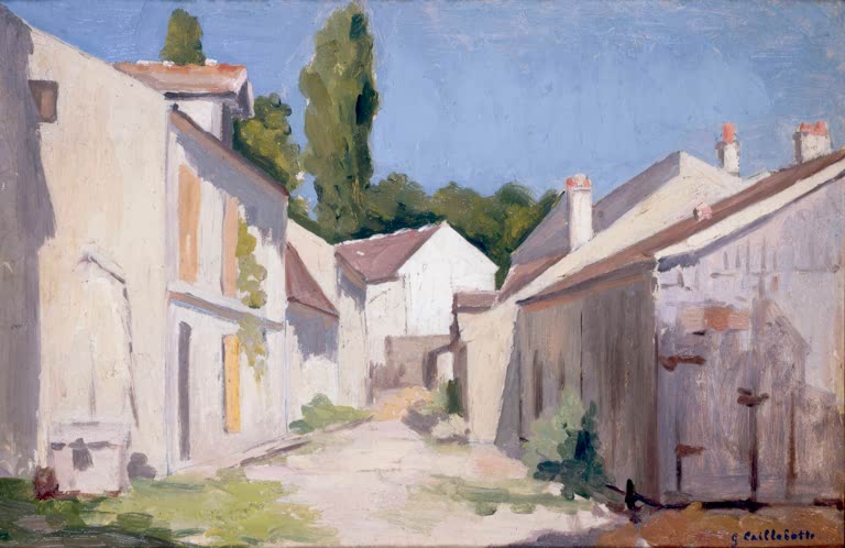 Sonnige Dorfstraße zwischen hellen Häusern, blauer Himmel – Gustave Caillebotte Un chemin à Yerres Kunstkopie
