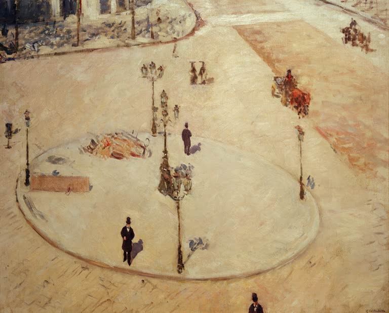 Runde Verkehrsinsel mit Laternen, aus der Höhe gesehen – Gustave Caillebotte Un réfuge, Boulevard Haussmann Kunstkopie