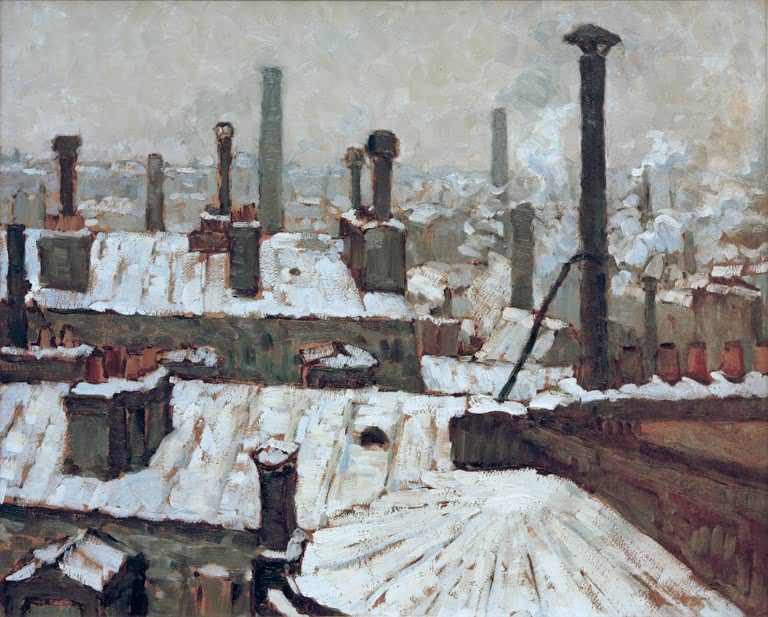 Schneebedeckte Dächer mit vielen Schornsteinen unter grauem Himmel – Gustave Caillebotte Verschneite Dächer Kunstkopie