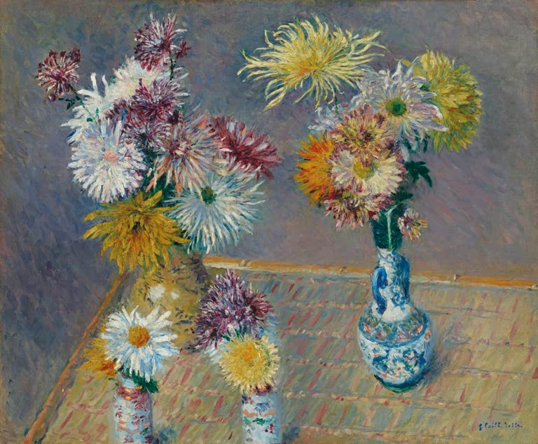 Vier Vasen mit bunten Chrysanthemen auf einem Tisch – Gustave Caillebotte Vier Vasen mit Chrysanthemen Kunstkopie