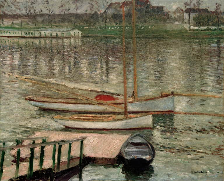 Zwei Segelboote vor Anker, spiegelndes Wasser – Gustave Caillebotte Voiliers au mouillage sur la Seine Kunstkopie