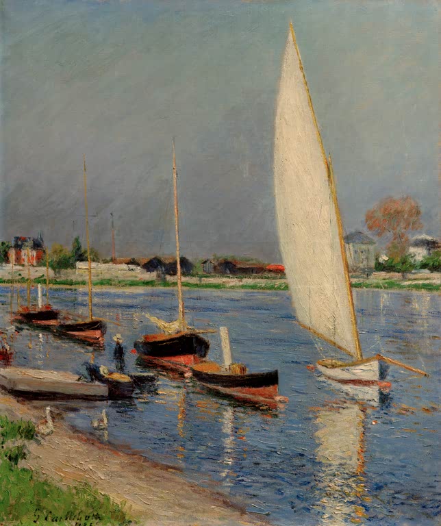 Segelboote am Ufer, großes helles Segel vor grauem Himmel – Gustave Caillebotte Voiliers sur la Seine à Argenteuil Kunstkopie