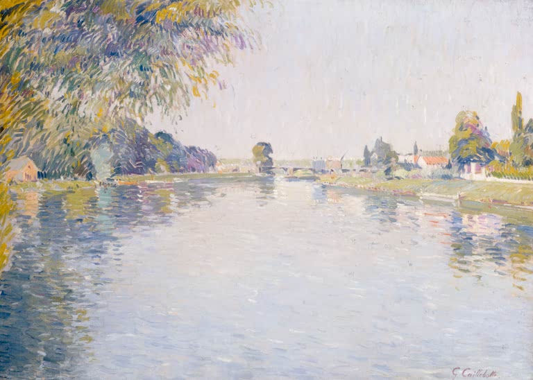 Breiter Fluss, Weide und Häuser am Ufer – Gustave Caillebotte Vue de la Seine et de la rive d'Argenteuil Kunstkopie