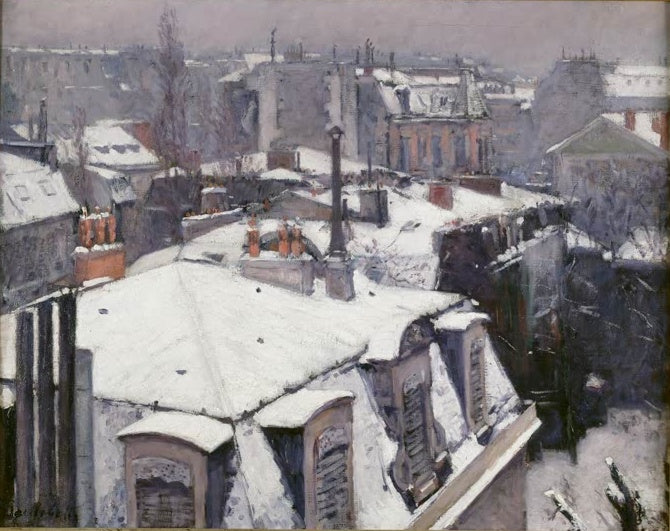Verschneite Pariser Dächer mit Schornsteinen und Gauben – Gustave Caillebotte Toits sous la neige Kunstkopie