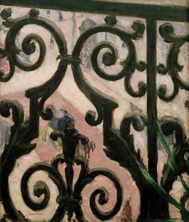 Blick durch schmiedeeisernes Balkongitter auf rosa Straße – Gustave Caillebotte Vue prise à travers un balcon Kunstkopie